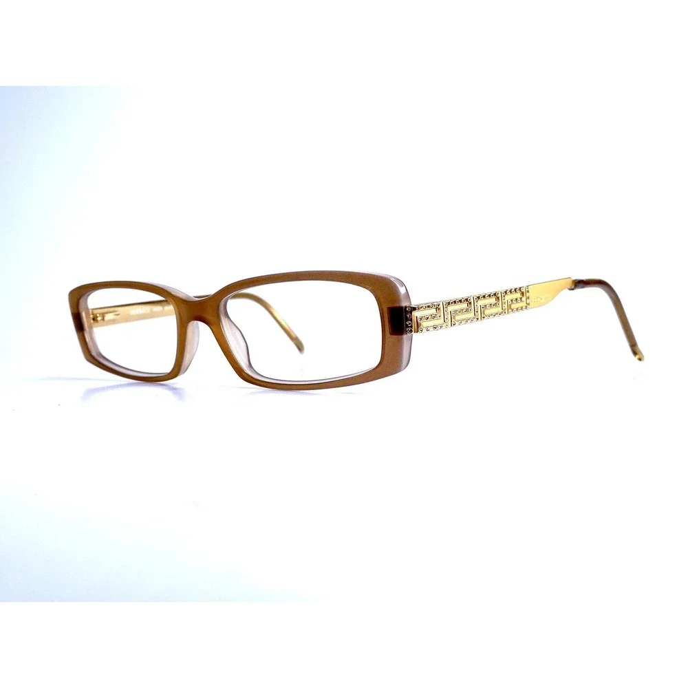 Versace Brown Beige Rectangular Eyeglasses Crystal Greek Key MOD 3093-B 592